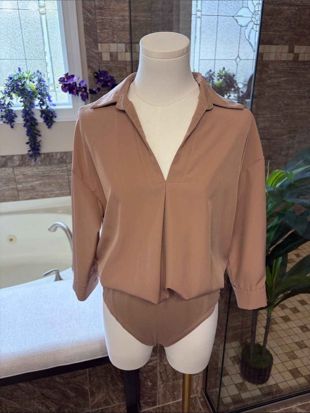 SHEIN Taupe Collared V-Neck Bodysuit